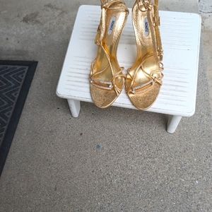 Schtz gold leather metallic rhinestones ankle wrap heels.